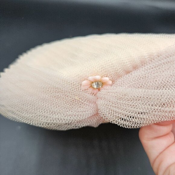 Vintage Pale Pink Mesh Hair Snood With Velvet Accents & Beaded Embellishment For - Picture 4 of 5